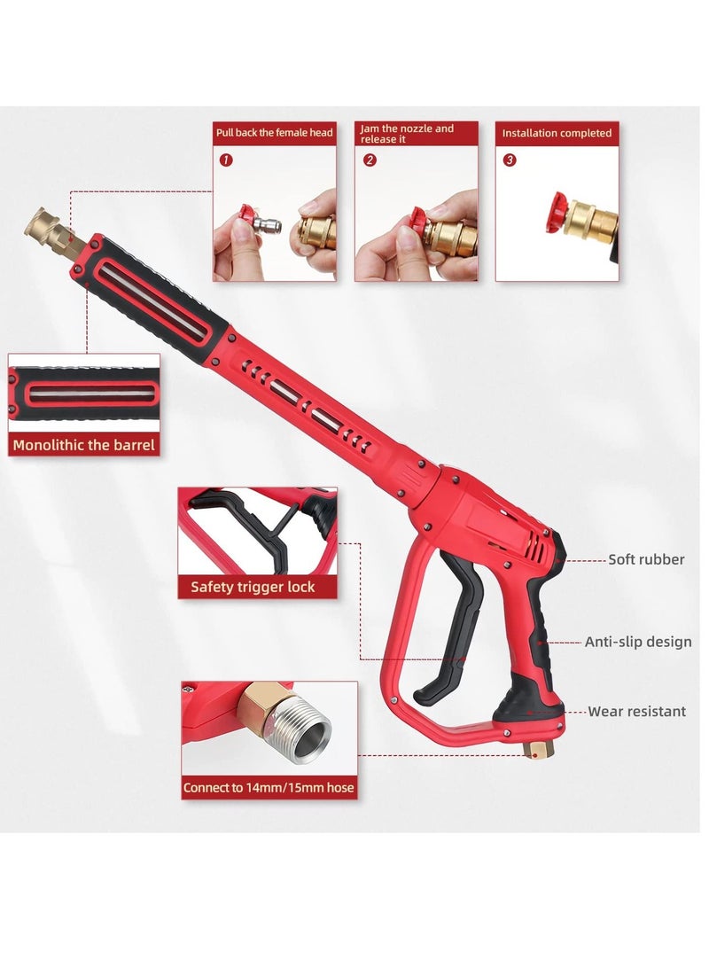 Pressure Washer Gun with Replacement Wand Extension Adjustible High Power 3/8'' Swivel Quick Connect M22 14mm/M22 15mm Fitting 5 Nozzle Tips Holder (4000 PSI/Red)