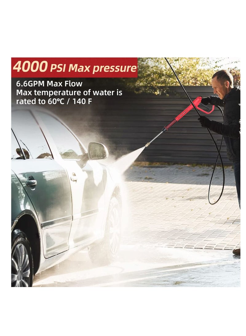Pressure Washer Gun with Replacement Wand Extension Adjustible High Power 3/8'' Swivel Quick Connect M22 14mm/M22 15mm Fitting 5 Nozzle Tips Holder (4000 PSI/Red)