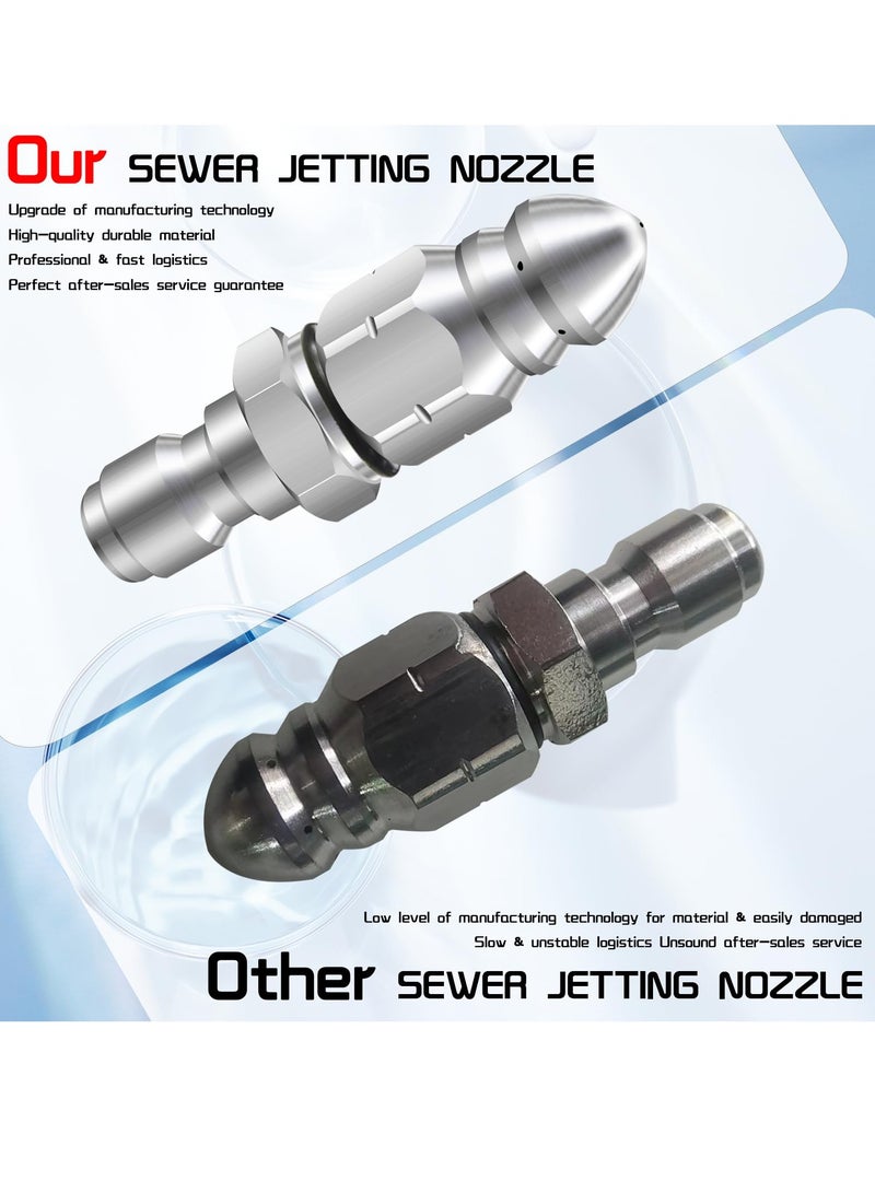 Sewer Jetter Nozzle Kit, 6 Pcs Stainless Steel Pressure Washer Sewer Jetter Nozzle, 1/4 inch NPT for Pressure Washer, Drain sewer cleaning tool with Rotating Button Nose for Pipe System, 5000 PSI