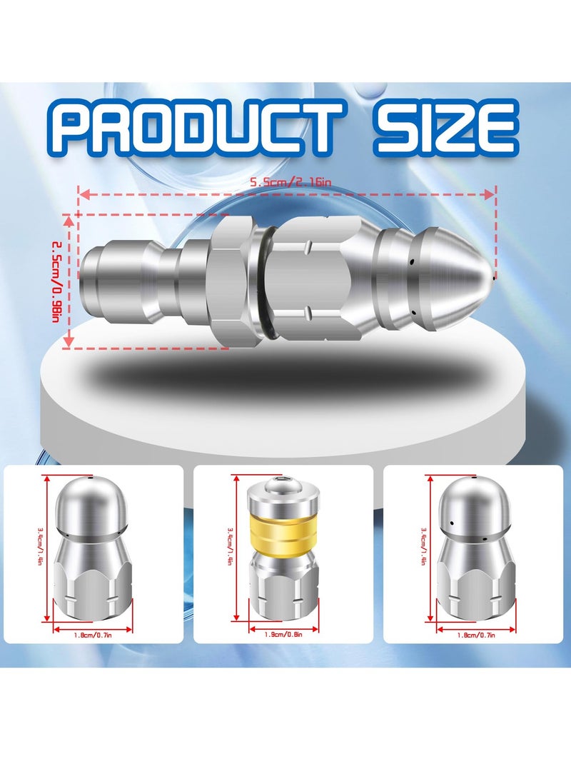 Sewer Jetter Nozzle Kit, 6 Pcs Stainless Steel Pressure Washer Sewer Jetter Nozzle, 1/4 inch NPT for Pressure Washer, Drain sewer cleaning tool with Rotating Button Nose for Pipe System, 5000 PSI