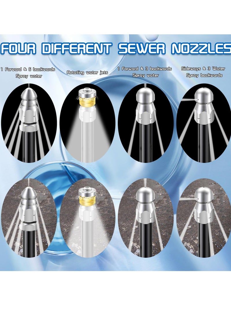 Sewer Jetter Nozzle Kit, 6 Pcs Stainless Steel Pressure Washer Sewer Jetter Nozzle, 1/4 inch NPT for Pressure Washer, Drain sewer cleaning tool with Rotating Button Nose for Pipe System, 5000 PSI