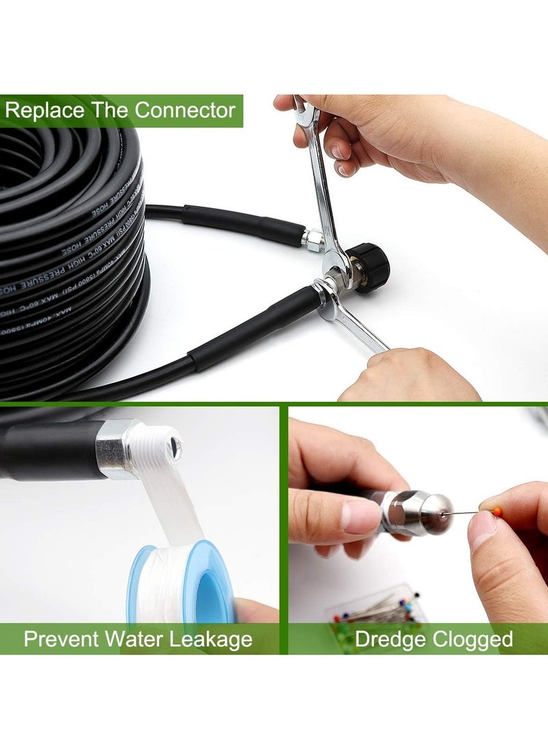 Sewer Jetter Kit, 50FT for Pressure Washer, 5800PSI Drain Cleaner Hose, 1/4 Inch NPT Corner Rotating and Button Nose Sewer Jetting Nozzle Spanner Waterproof Tape Quick Connect Set
