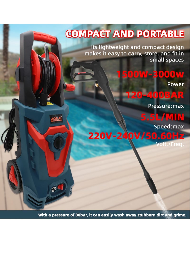 Car Pressure Washer, 1500W-3000W, 90-400 Bar Adjustable Pressure, 5.5L/min Flow, for Vehicles, Driveways, and Outdoor Cleaning