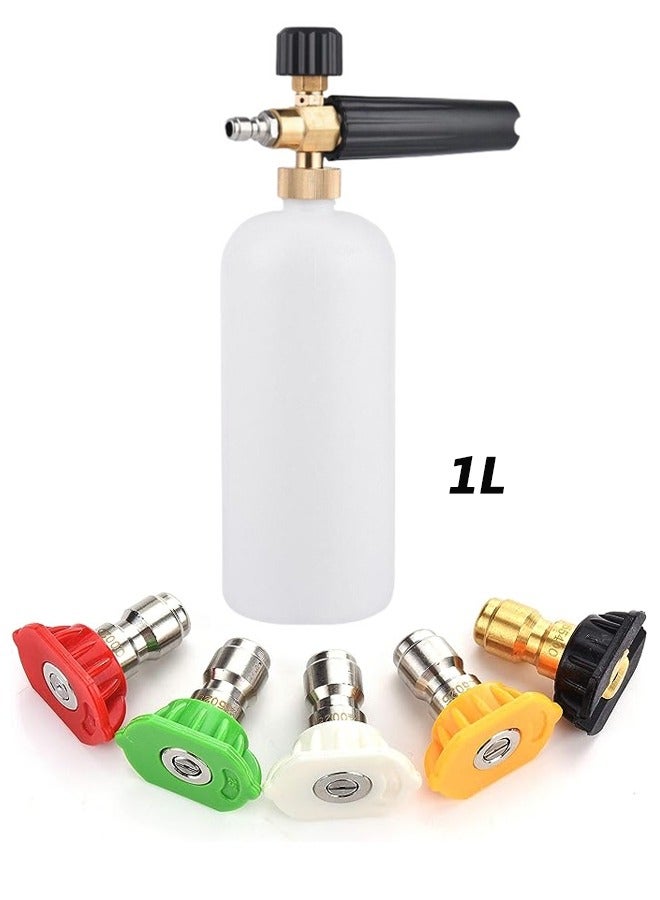 Foam Cannon with 1/4 Inch Quick Connector, 1 Liter, 5 Pressure Washer Nozzle Tips，High Pressure Car Wash Foam Pot