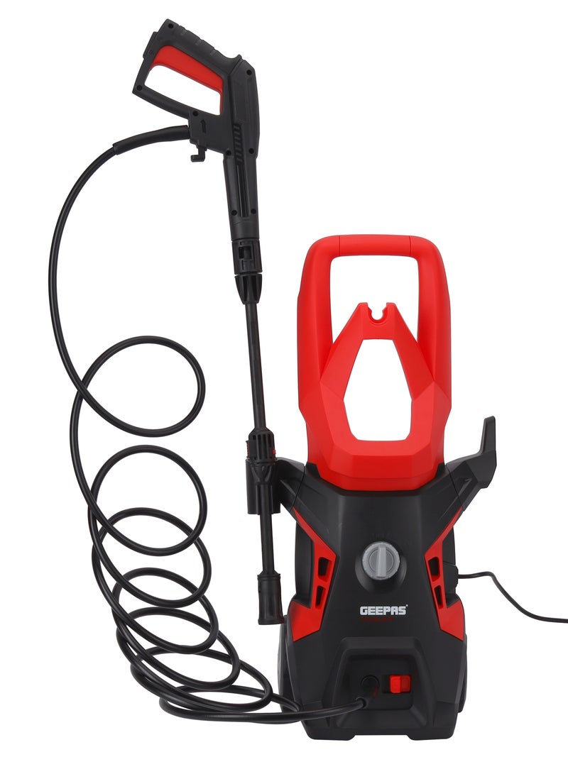 Geepas High Pressure Washer 140 bar| Carbon Brush Motor 1800 W| 7.0 L/min Maximum Flow| Includes Spray Gun with Adjustable Nozzle, 5 M Cord, Hose, Patio Kit| Removing Dust, Mud, Dirt| GPW1814-240