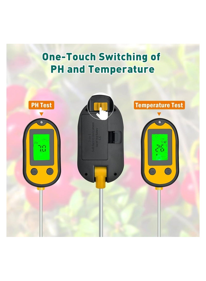 Soil Ph Tester, Soil Moisture Meter, 5-in-1 Soil Test Kit, Plant Moisture Meter for Soil Moisture/pH/Light/Temperature for Lawn Care Flower, Garden, Potted Plants, Soil Tester for Garden Lawn Farm