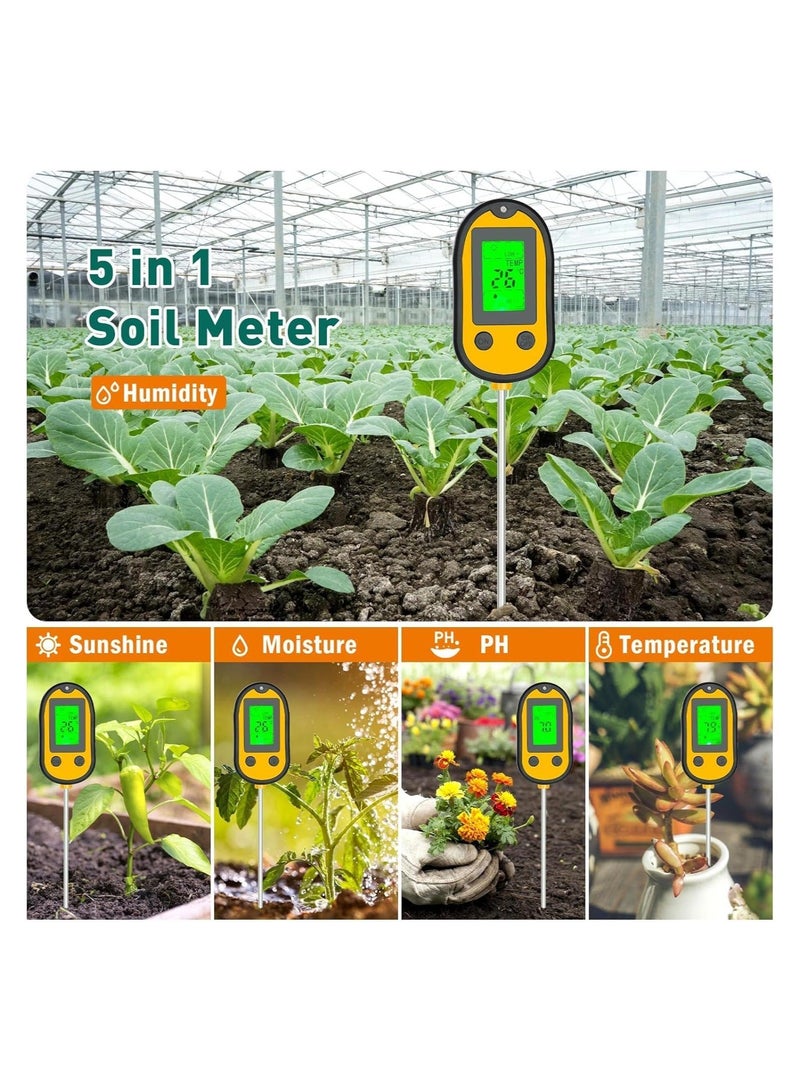 Soil Ph Tester, Soil Moisture Meter, 5-in-1 Soil Test Kit, Plant Moisture Meter for Soil Moisture/pH/Light/Temperature for Lawn Care Flower, Garden, Potted Plants, Soil Tester for Garden Lawn Farm