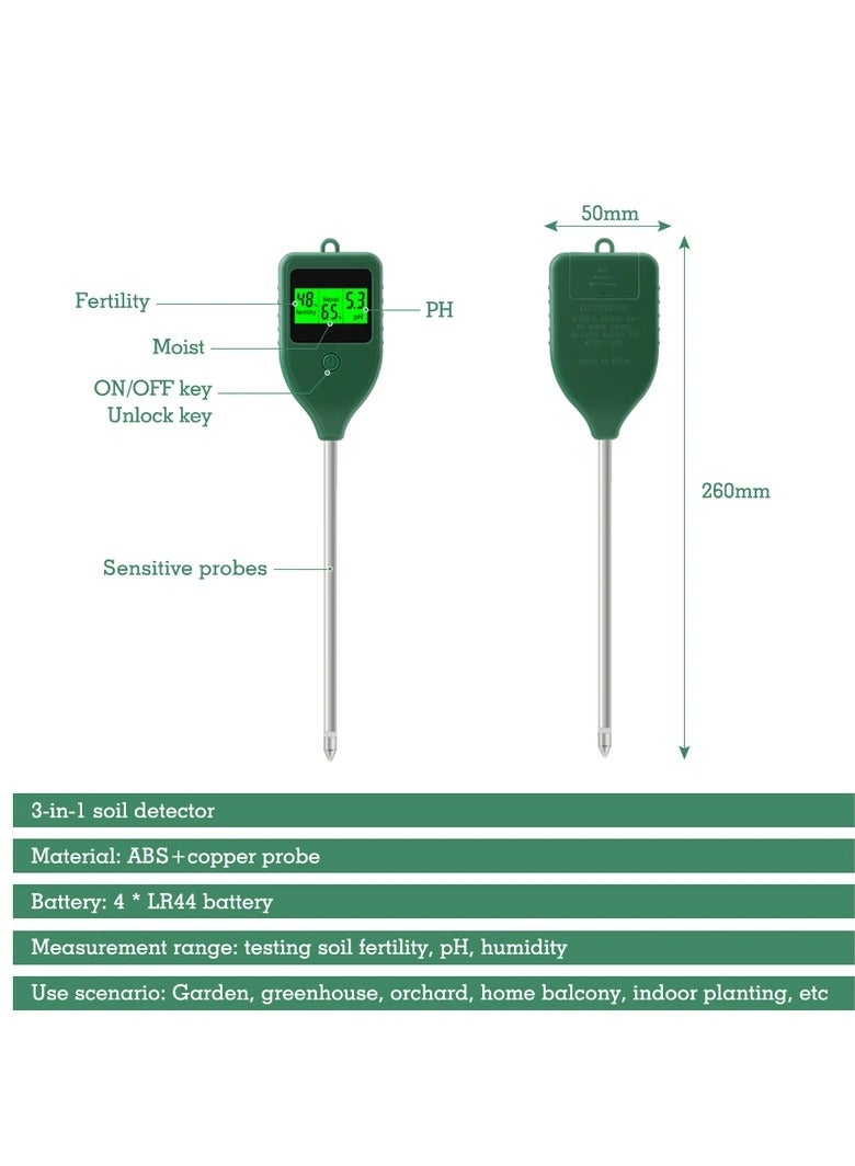 Soil pH Meter, Moisture Meter, and Fertility Tester 3-in-1 Soil Moisture Test Detector for Indoor Planting, Potted Plants, and Lawn in Farm and Garden