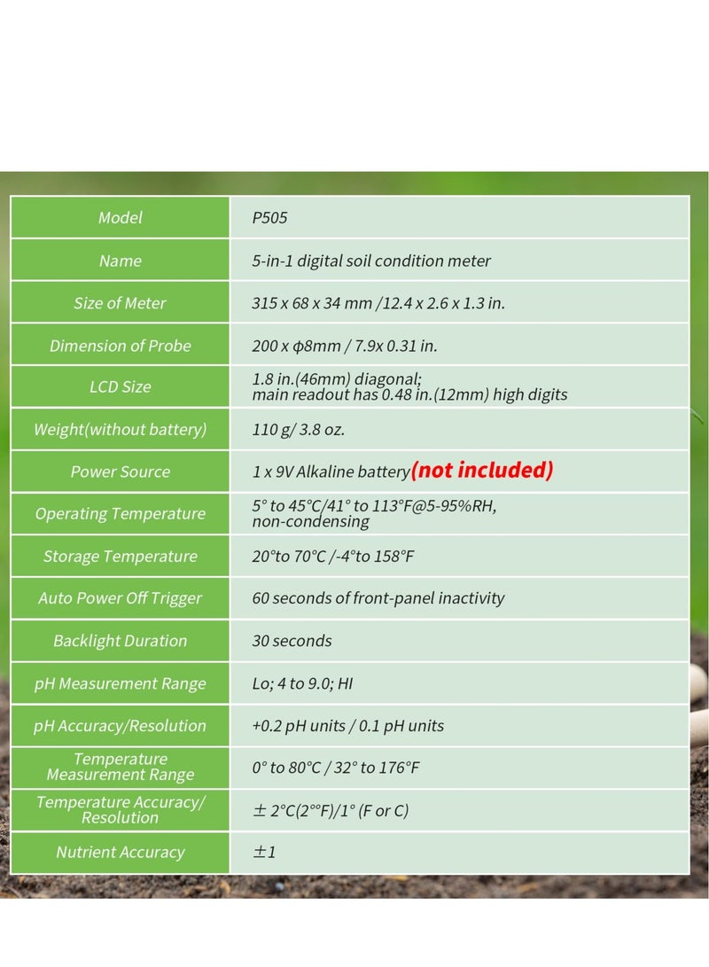 Soil Meter, Soil PH Tester Record Saving, 5-in-1 Digital Plant Soil Meter, for Temperature, PH, Moisture, Nutr,Sunlight, for Care Gardening, Lawn, Farming and Outdoor Plants