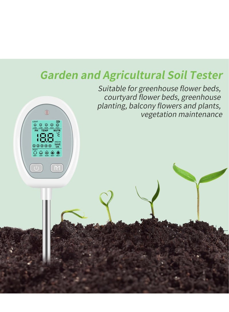 Soil Meter, Soil PH Tester Record Saving, 5-in-1 Digital Plant Soil Meter, for Temperature, PH, Moisture, Nutr,Sunlight, for Care Gardening, Lawn, Farming and Outdoor Plants