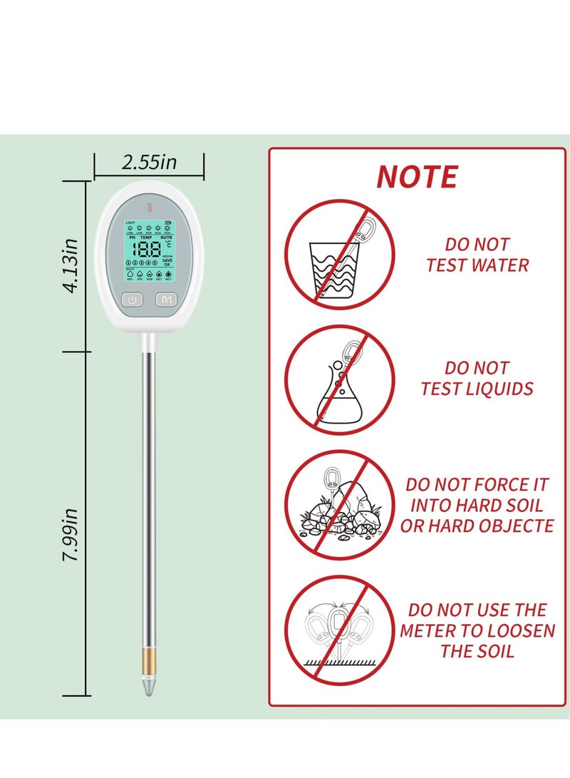 Soil Meter, Soil PH Tester Record Saving, 5-in-1 Digital Plant Soil Meter, for Temperature, PH, Moisture, Nutr,Sunlight, for Care Gardening, Lawn, Farming and Outdoor Plants