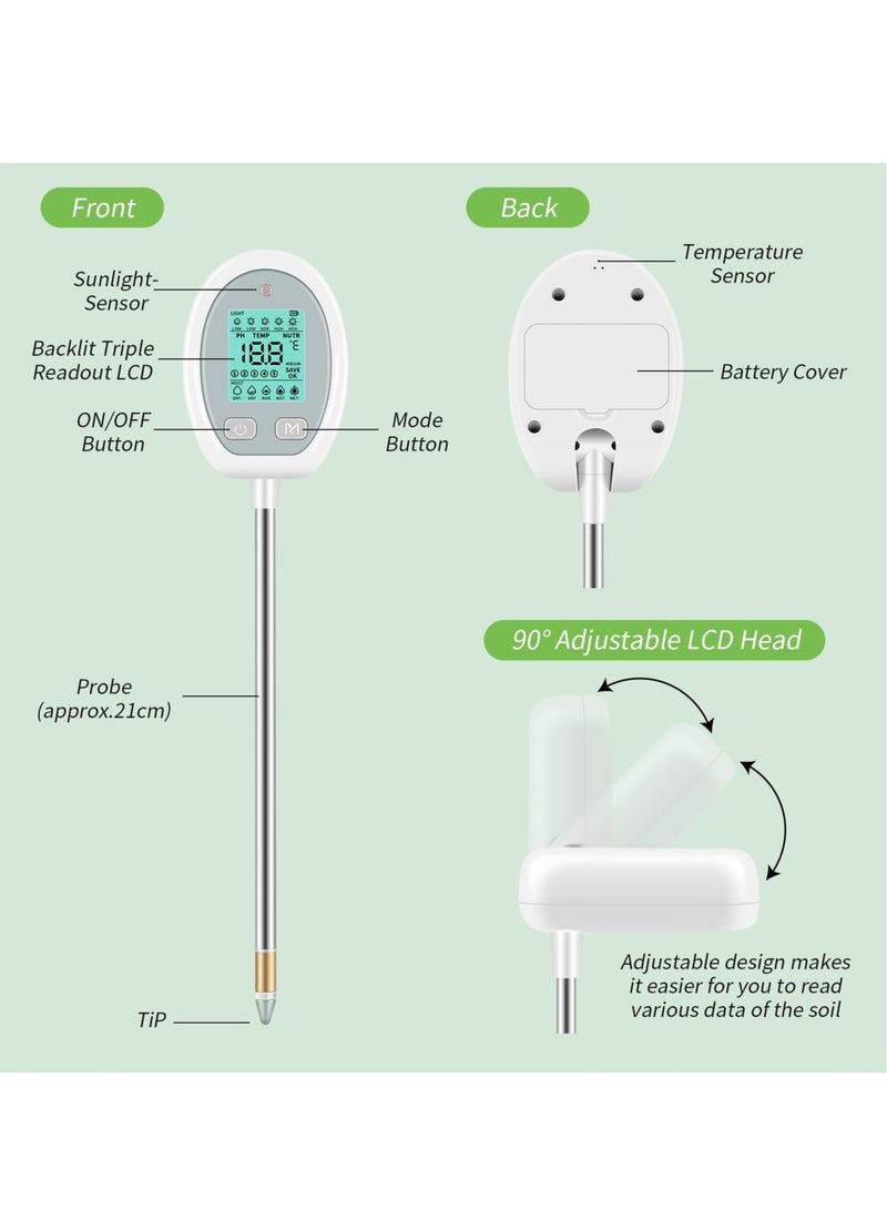 Soil Meter, Soil PH Tester Record Saving, 5-in-1 Digital Plant Soil Meter, for Temperature, PH, Moisture, Nutr,Sunlight, for Care Gardening, Lawn, Farming and Outdoor Plants