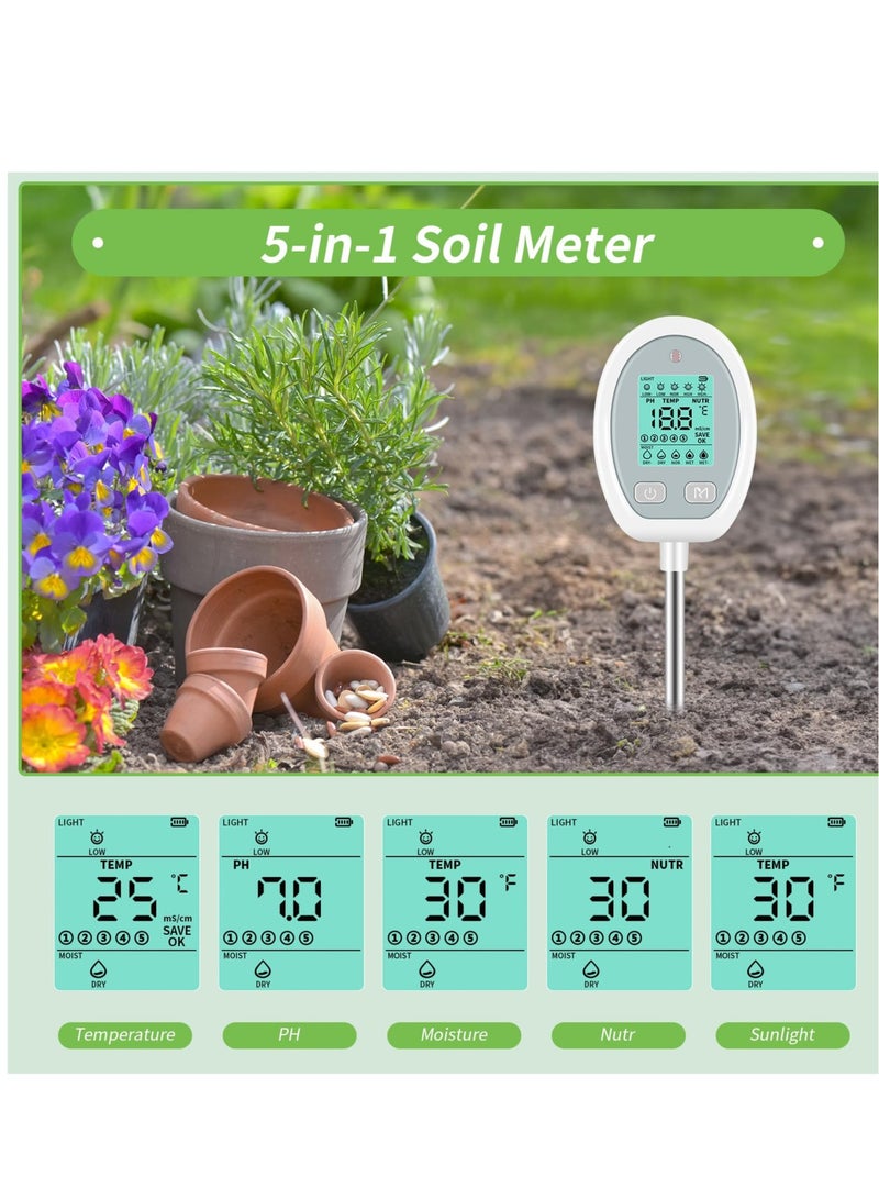 Soil Meter, Soil PH Tester Record Saving, 5-in-1 Digital Plant Soil Meter, for Temperature, PH, Moisture, Nutr,Sunlight, for Care Gardening, Lawn, Farming and Outdoor Plants