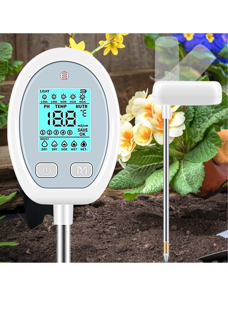 Soil Meter, Soil PH Tester Record Saving, 5-in-1 Digital Plant Soil Meter, for Temperature, PH, Moisture, Nutr,Sunlight, for Care Gardening, Lawn, Farming and Outdoor Plants