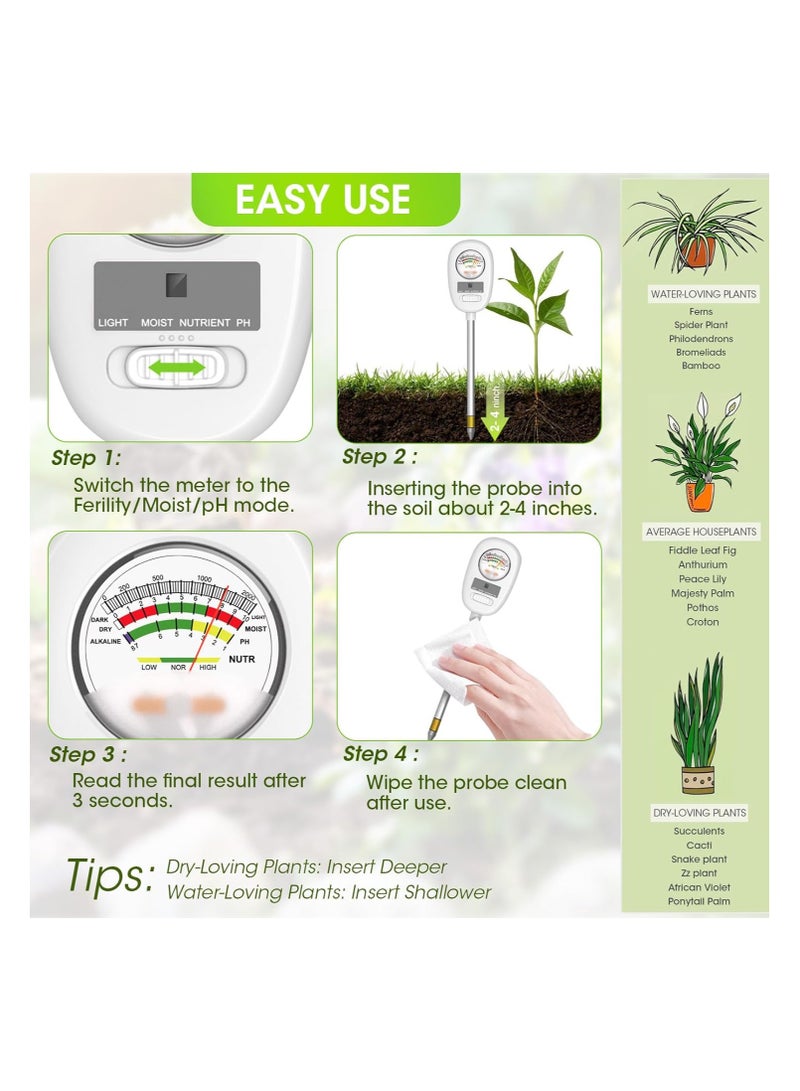 Upgraded-Soil Moisture Meter, Soil pH Meter, 4-in-1 Soil Tester, Soil Plant Water Meter, for Moisture/Light/Nutrients/pH, Moisture Meter Great for Garden, Lawn, Farm, Indoor & Outdoor Use