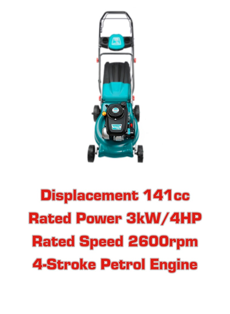 TOTAL 141cc Petrol Lawn Mower, 18-Inch Cutting Width, 3.0 kW (4 HP), 7-Position Height Adjustment, Steel Deck, 60L Grass Catcher