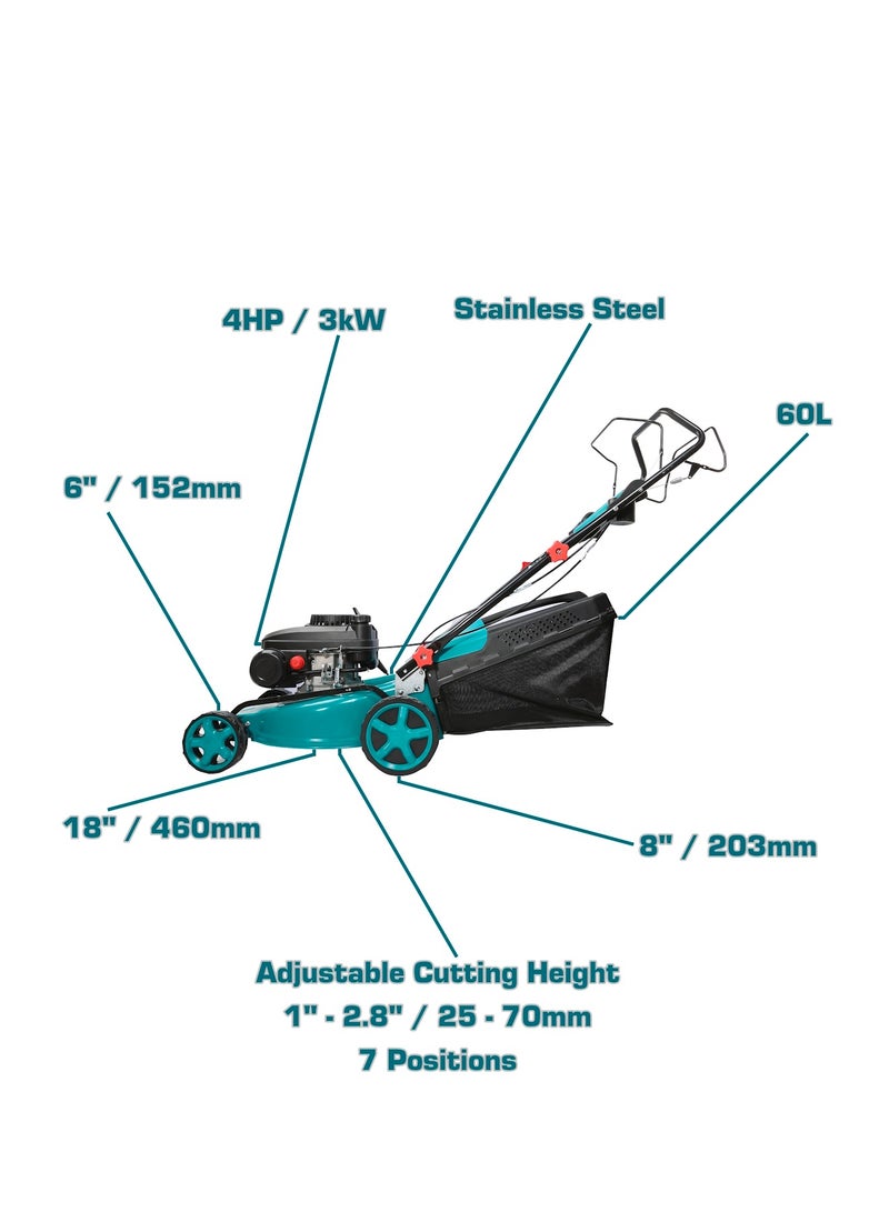 TOTAL 141cc Petrol Lawn Mower, 18-Inch Cutting Width, 3.0 kW (4 HP), 7-Position Height Adjustment, Steel Deck, 60L Grass Catcher