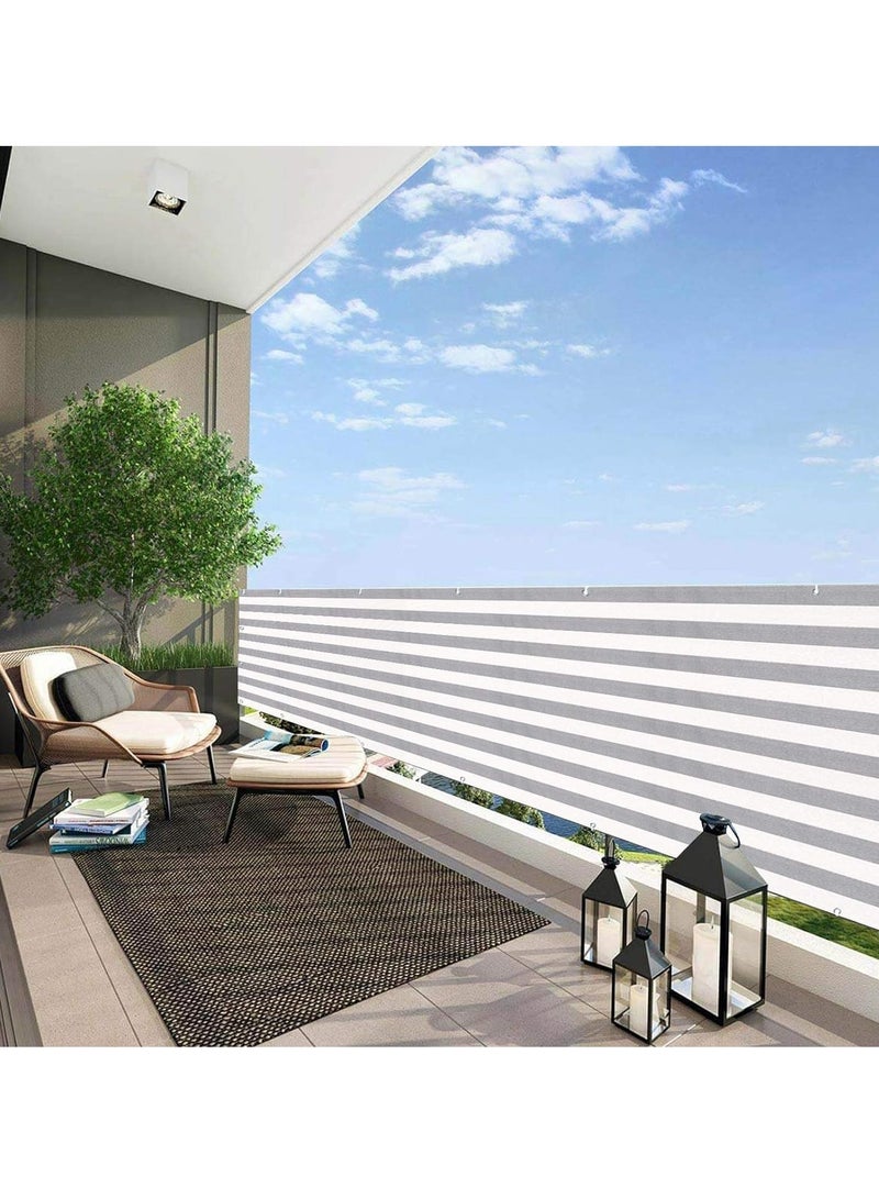 3'x10' Balcony Privacy Screen Fence Windscreen Cover Fabric Shade Netting Mesh Cloth with Grommets UV Protection for Patio, Backyard, Porch, Railing Shield 90%(Grey White Stripe)