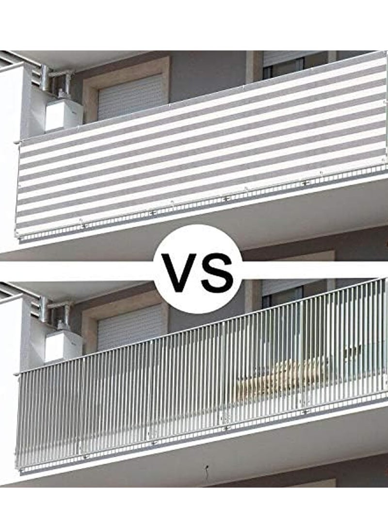 3'x10' Balcony Privacy Screen Fence Windscreen Cover Fabric Shade Netting Mesh Cloth with Grommets UV Protection for Patio, Backyard, Porch, Railing Shield 90%(Grey White Stripe)