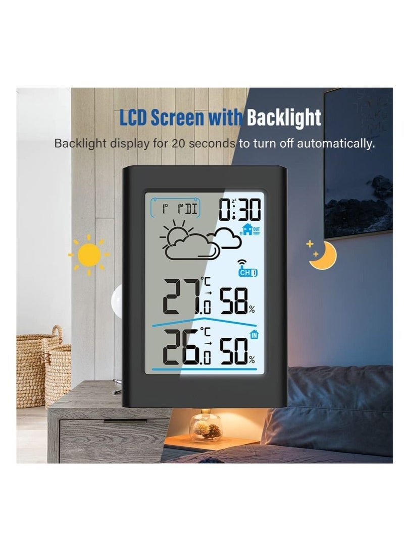 Wireless Indoor Outdoor Thermometer, Wireless Digital Hygrometer, Temperature Gauge with Time and Humidity, Outside Thermometer Gauge for Patio