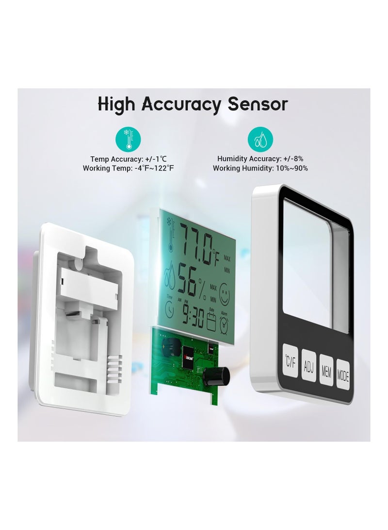 Digital Thermometer Hygrometer, Indoor Humidity Meter Room Temperature Sensor with Alarm Clock Date, Hydrometer