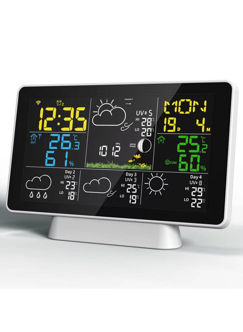 Weather Station Wireless Indoor Outdoor Thermometer, Color Display Digital Weather Thermometer with Atomic Clock, Forecast Station with Adjustable Backlight and Calendar