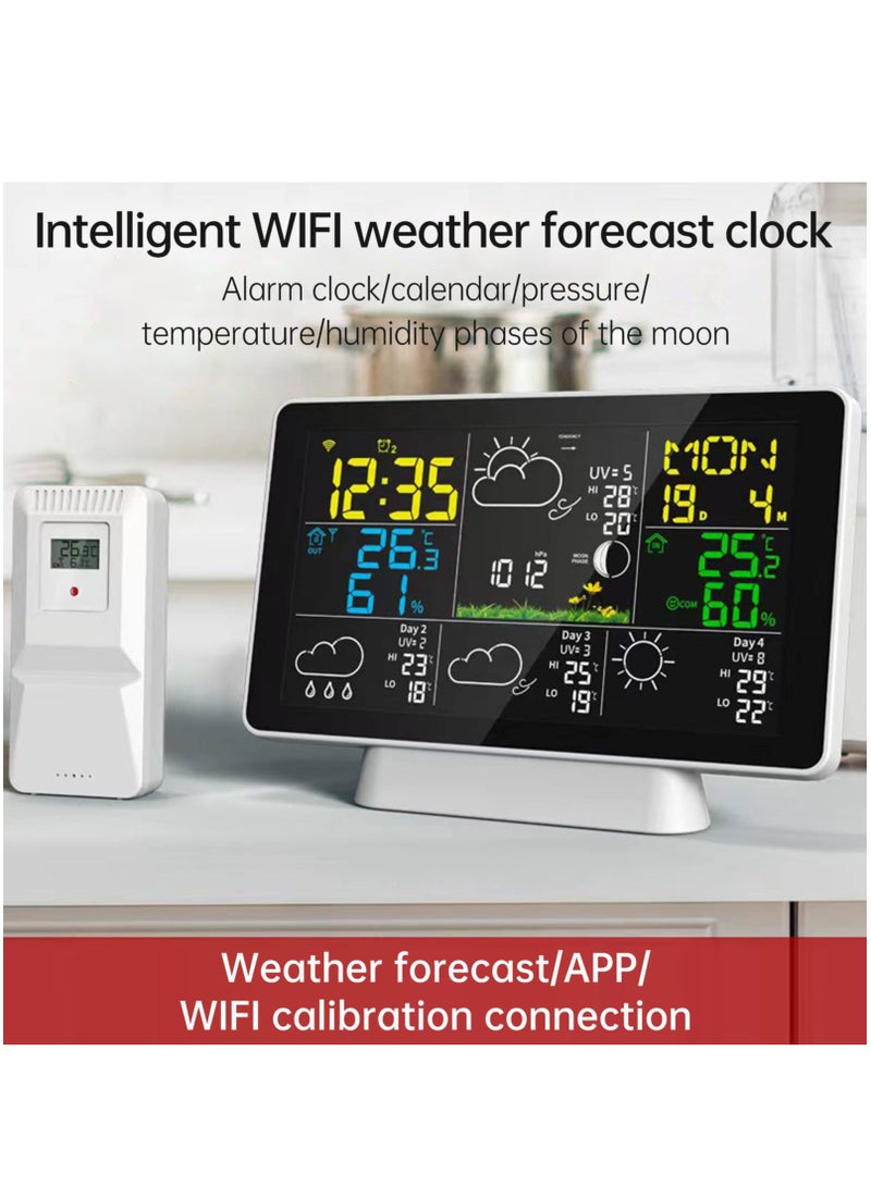 Weather Station Wireless Indoor Outdoor Thermometer, Color Display Digital Weather Thermometer with Atomic Clock, Forecast Station with Adjustable Backlight and Calendar