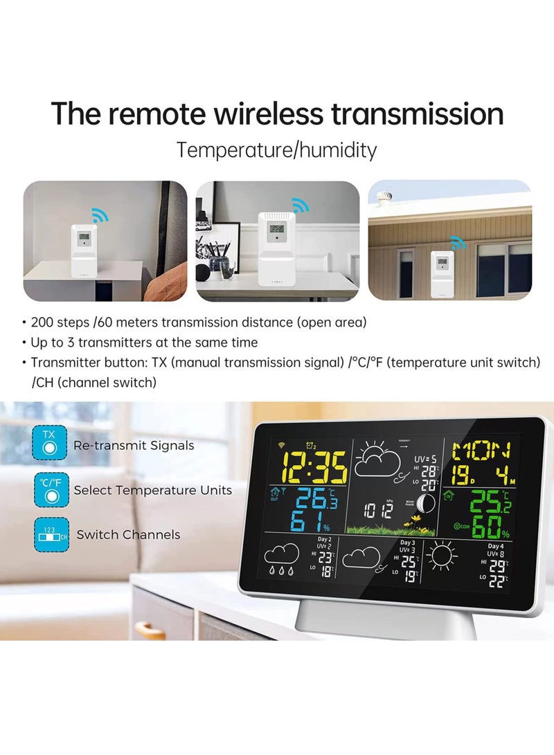 Weather Station Wireless Indoor Outdoor Thermometer, Color Display Digital Weather Thermometer with Atomic Clock, Forecast Station with Adjustable Backlight and Calendar