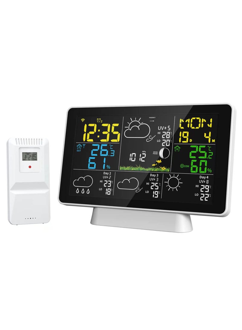 Weather Station Wireless Indoor Outdoor Thermometer, Color Display Digital Weather Thermometer with Atomic Clock, Forecast Station with Adjustable Backlight and Calendar