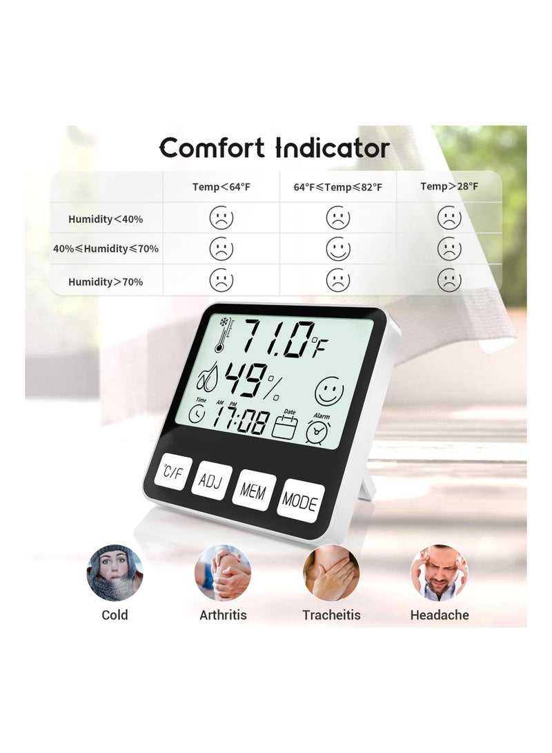 Digital Thermometer Hygrometer, Indoor Humidity Meter Room Temperature Sensor with Alarm Clock Date, Hydrometer