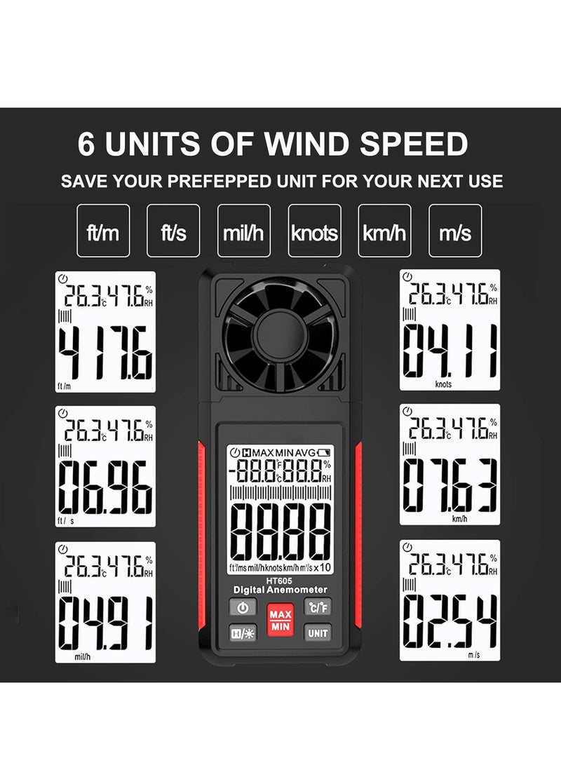 Handheld Anemometer, Digital Wind Gauges Wind Speed Meter Measures Wind Speed, Temperature, Humidity with Large Backlit LCD Display, MAX/MIN, Data Hold for Shooting Windsurfing Fishing Hunting HT605