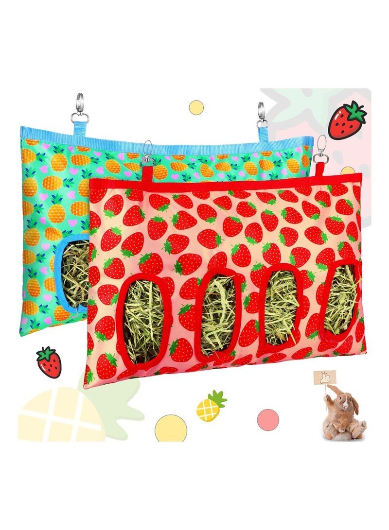 2 Pcs Rabbit Hay Feeder Bag, Hanging Feeding Storage Feeder Sack with 4 Holes for Small Animals Pets Bunny Hamster (Pineapple, Strawberry)