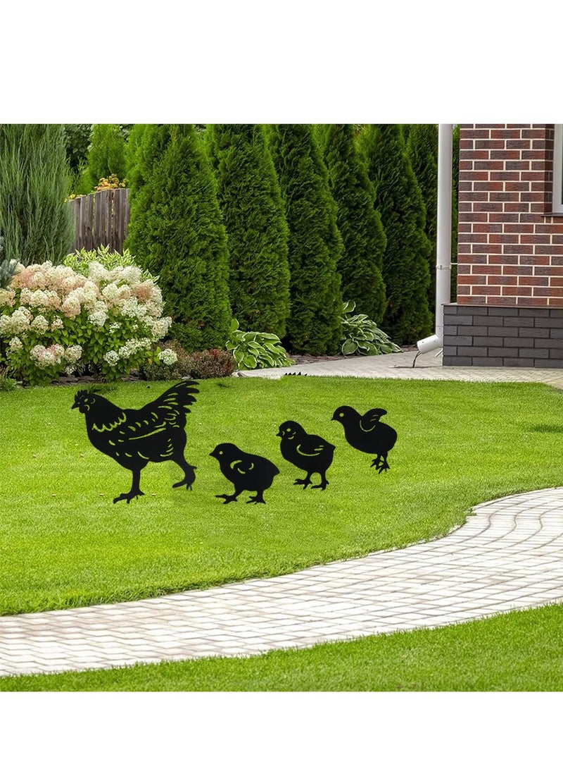 Chicken Yard Art Metal Stakes, 4Pcs Metal Chicken Garden Stakes, Garden Insert Hen Sculpture Ornament, Metal Chicken Shape Statue, Chicken Art Silhouette Statue for Garden Decor Patio Outdoor