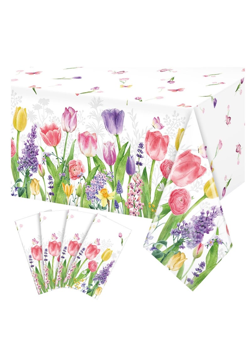 Spring Lavender Tulip Plastic Tablecloth, Summer Blooming Floral Disposable Table Cloth, Watercolor Seasonal Holiday Table Cover for Picnic Spring Summer Party Decorations, 137 x 274CM(3PCS)