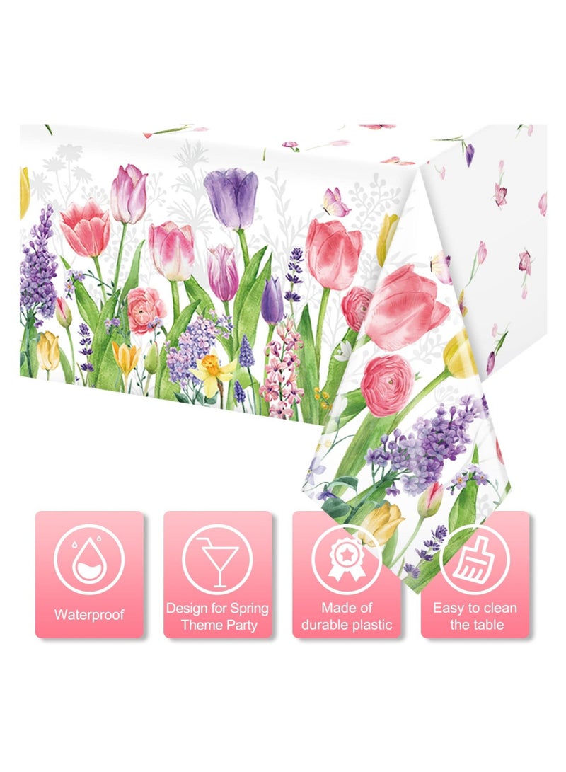 Spring Lavender Tulip Plastic Tablecloth, Summer Blooming Floral Disposable Table Cloth, Watercolor Seasonal Holiday Table Cover for Picnic Spring Summer Party Decorations, 137 x 274CM(3PCS)