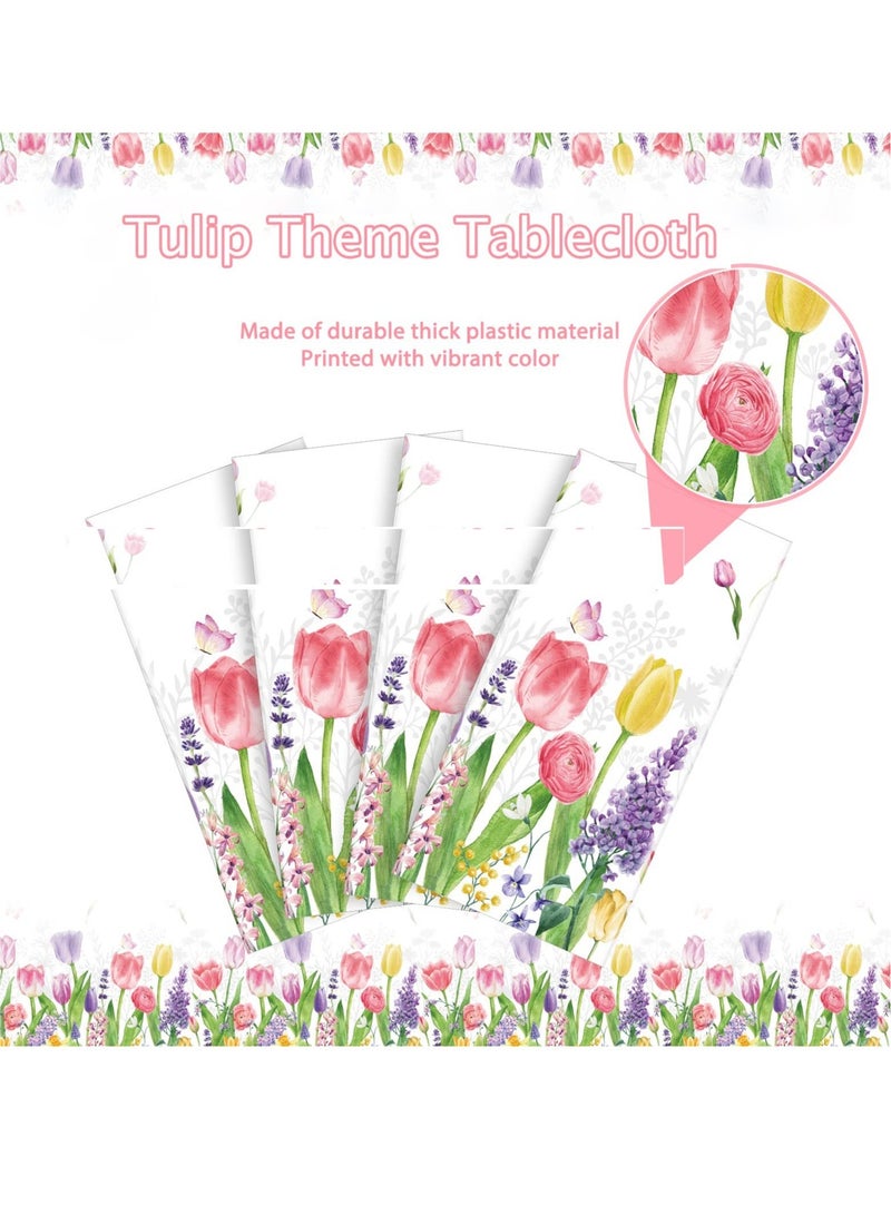 Spring Lavender Tulip Plastic Tablecloth, Summer Blooming Floral Disposable Table Cloth, Watercolor Seasonal Holiday Table Cover for Picnic Spring Summer Party Decorations, 137 x 274CM(3PCS)