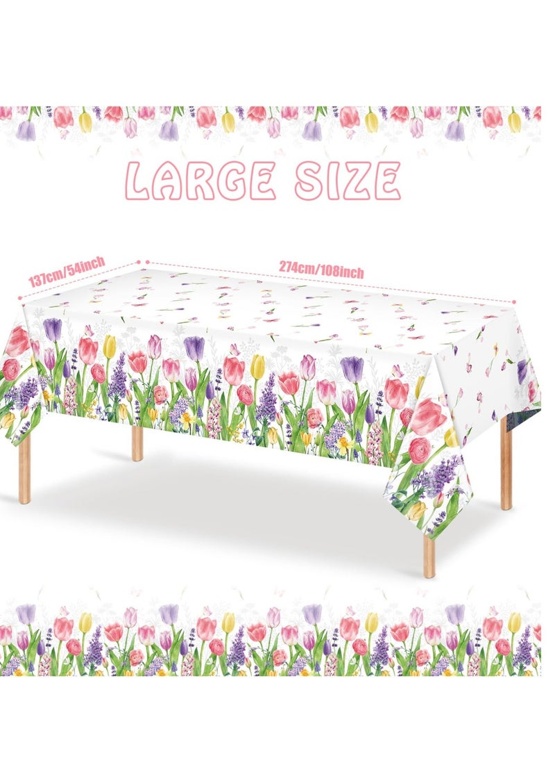 Spring Lavender Tulip Plastic Tablecloth, Summer Blooming Floral Disposable Table Cloth, Watercolor Seasonal Holiday Table Cover for Picnic Spring Summer Party Decorations, 137 x 274CM(3PCS)