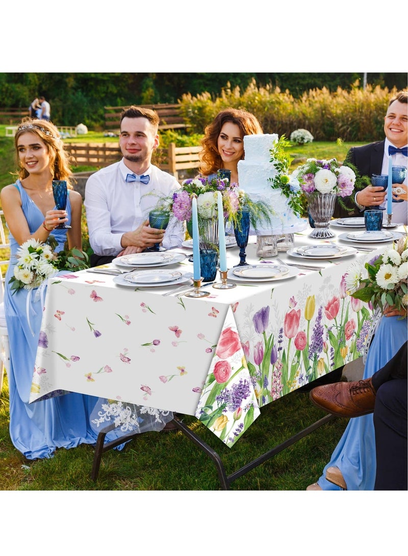 Spring Lavender Tulip Plastic Tablecloth, Summer Blooming Floral Disposable Table Cloth, Watercolor Seasonal Holiday Table Cover for Picnic Spring Summer Party Decorations, 137 x 274CM(3PCS)