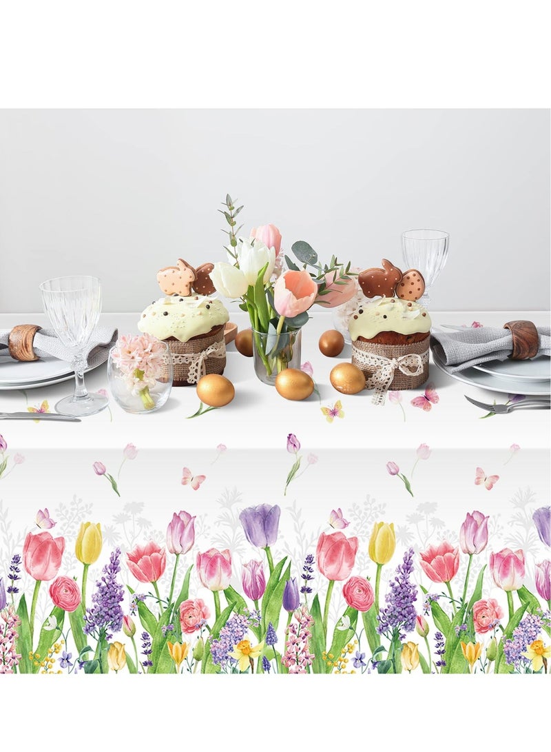 Spring Lavender Tulip Plastic Tablecloth, Summer Blooming Floral Disposable Table Cloth, Watercolor Seasonal Holiday Table Cover for Picnic Spring Summer Party Decorations, 137 x 274CM(3PCS)