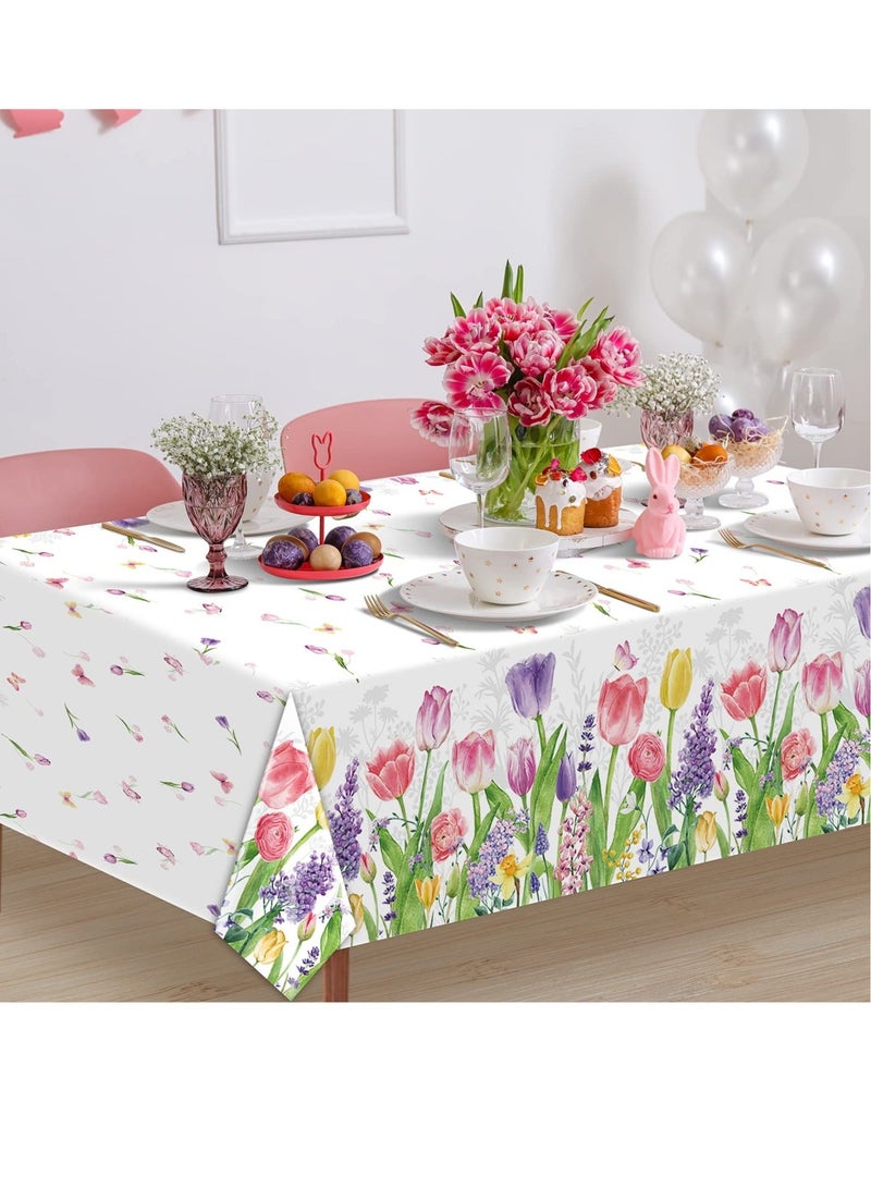 Spring Lavender Tulip Plastic Tablecloth, Summer Blooming Floral Disposable Table Cloth, Watercolor Seasonal Holiday Table Cover for Picnic Spring Summer Party Decorations, 137 x 274CM(3PCS)