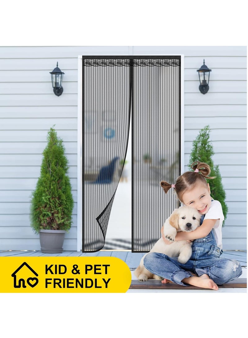 Magnetic Fly Screen Door Heavy Duty Bug mesh Curtain with Powerful Magnets and Full Frame Magic Tape Insect Protection Door no Gap Keep Bugs Out 110 x 220 cm Black