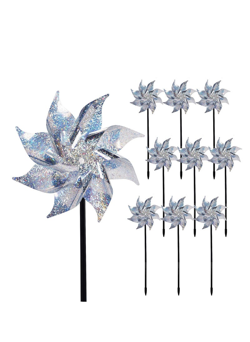 10 Pack Reflective Pinwheels with Stakes, Extra Sparkly Pinwheel for Garden Decor, Bird Devices Deterrent to Scare Birds Away from Yard Patio Farm