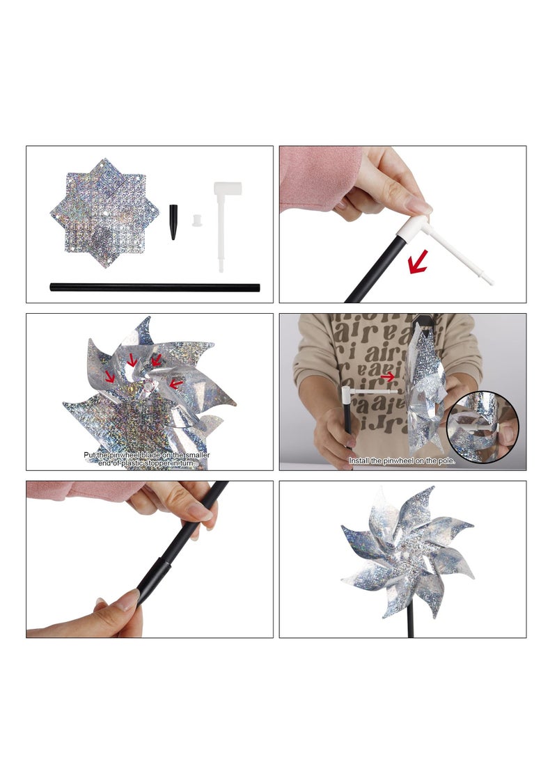 10 Pack Reflective Pinwheels with Stakes, Extra Sparkly Pinwheel for Garden Decor, Bird Devices Deterrent to Scare Birds Away from Yard Patio Farm