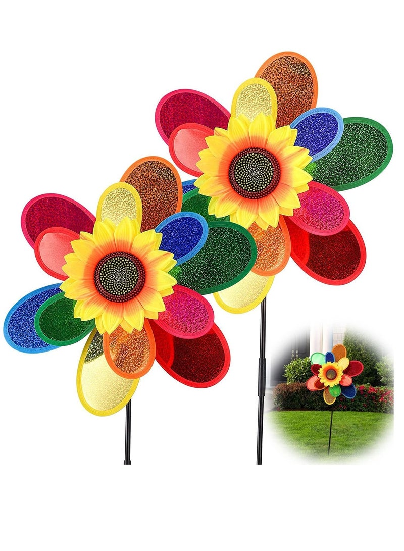 Garden Wind Spinners, Sunflower Windmills Lawn Decor, Rainbow Pinwheels for Yard and Garden, Outdoor Ornaments Spinner Art Pathway Patio Ornaments, 2PCS