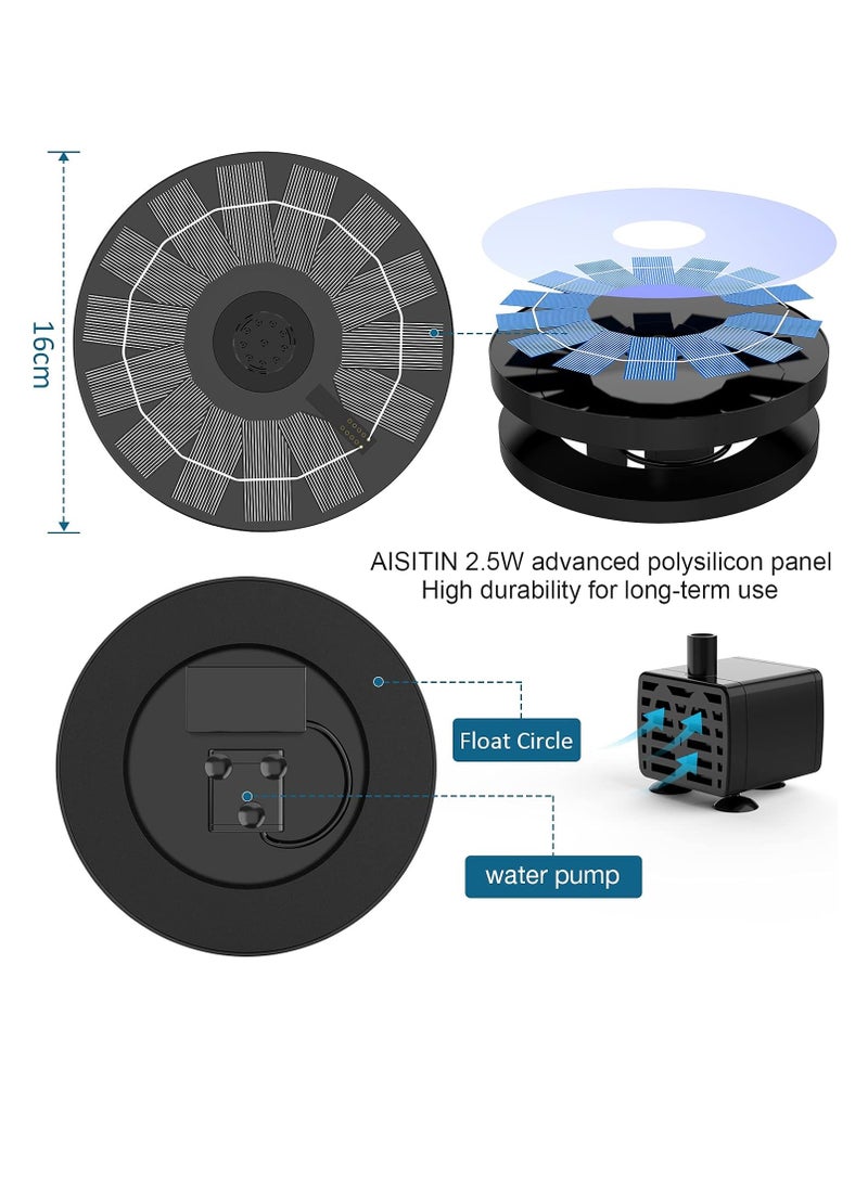 Aisitin 2.5w solar bird bath fountain pump solar fountain pump for bird bath with 6 nozzles 6.7