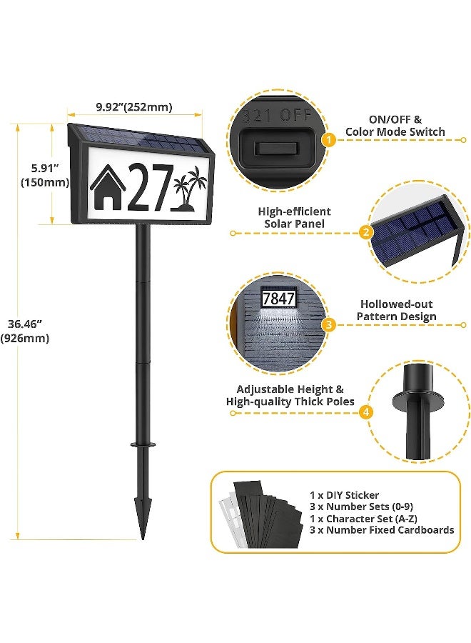 Maxvolador  Solar Powered Address Sign House Numbers Waterproof, 4-Color Lighting Modes Led Illuminated Address Plaque With Stakes, Outdoor Address Number