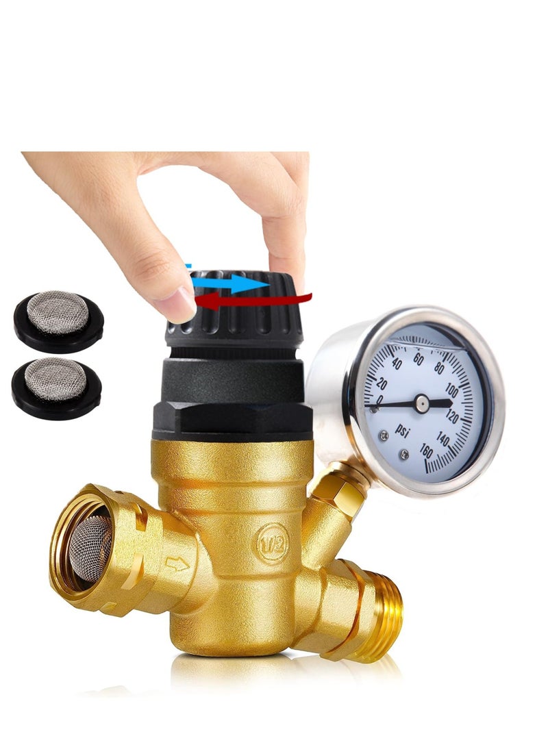 Adjustable Handle RV Water Pressure Regulator, Upgraded Brass Lead-Free RV Water Pressure Regulator, with Gauge and 2 Inlet Screened Filters, Fit for RV Camper Travel Trailer