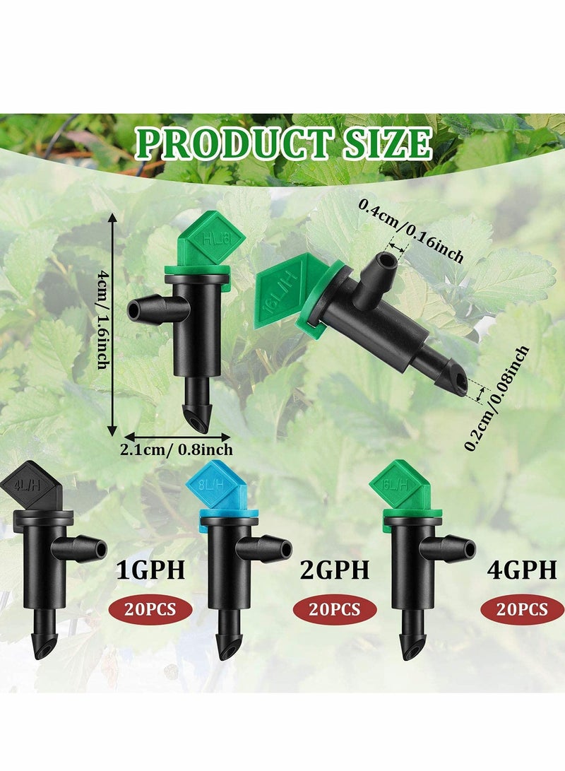 60 Pieces Drip Emitter Garden Flag Irrigation Dripper in 3 Sizes, Trees and Shrubs, 1 GPH, 2 GPH, 4 GPH