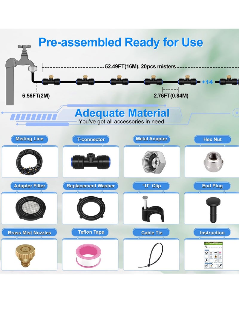 Misting System, 59FT (18M) Misting Line with 20 Brass Mist Nozzles and 3/4