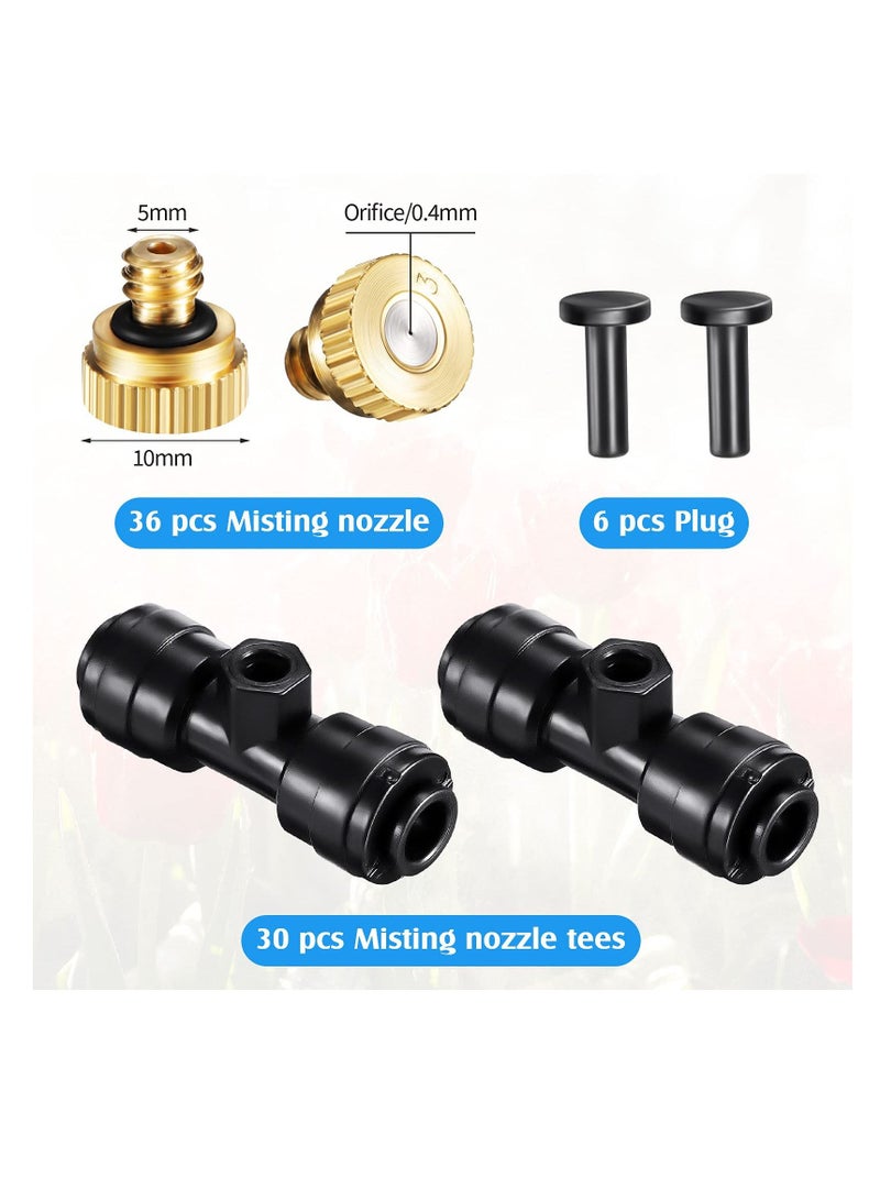 Misting Nozzles, Kit Include Water Misting Nozzle Tees Thread 1/4 Inch and Brass Orifice Nozzle with Black Plug for Outdoor Spray Cooling System (72 Pieces in Total)